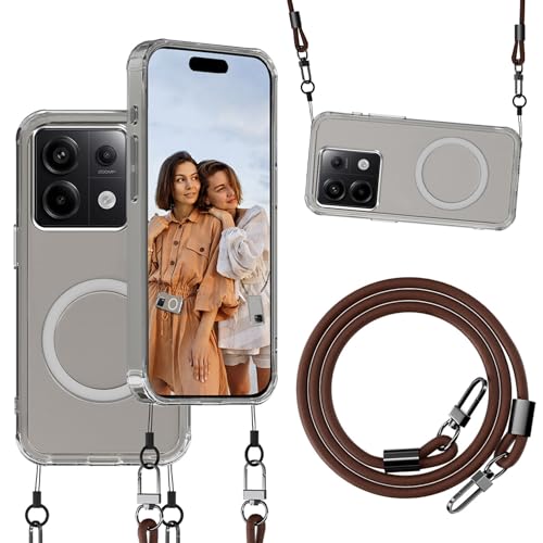 qichenlu Magnetische Hülle mit Abnehmbarer Echtleder Kette für Xiaomi Redmi Note 13 Pro 5G kompatibel mit MagSafe,KFZ Magnet Handyhalterung Case - Transparent von qichenlu