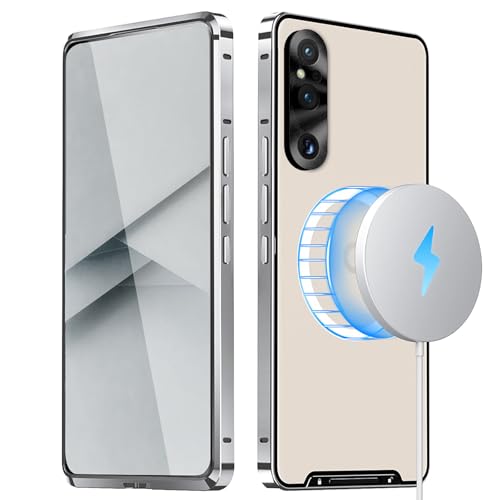 qichenlu Stoßfest Metall Bumper Case kompatibel mit MagSafe für Sony Xperia 5 V,Silber Luftfarht Aluminium Rahmen Halbdurchsichtig Cover Rückseite Kamera Linsenglas Schutz Magnetische Hülle von qichenlu