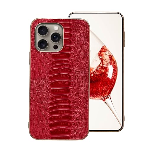 qichenlu iPhone 16 Pro Max Echt Leder Cover kompatibel mit iPhone 16 Pro Max,【Luxuriös Tiermuster,Chrom Golden Rand,Robustes Rindsleder】 Dynastisch Rot Weich TPU Bumper Handytasche Schutzhülle von qichenlu