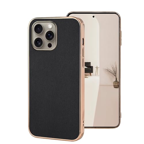 qichenlu iPhone 16 Pro Max Echt Leder Cover kompatibel mit iPhone 16 Pro Max,【Luxus Chrom Golden Rand,Robustes Rindsleder】 Luxuriös Schwarz Weich TPU Bumper Case Handyhülle Tasche von qichenlu