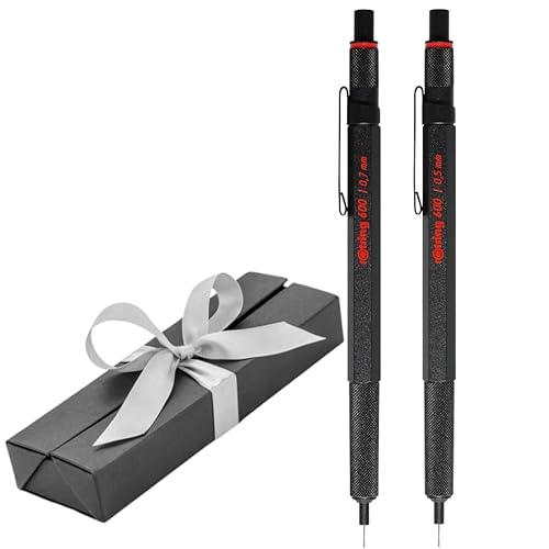 rOtring 600 Druckbleistift-Set, 0,5 mm, 0,7 mm, schwarzer Vollmetall-Körper, rutschfester gerändelter Griff und sechseckiger Schaft, 2 Stück in einer eleganten Geschenkbox von rOtring