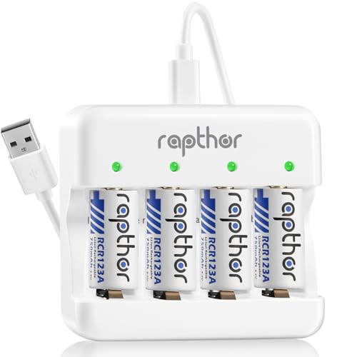 Rapthor 3.7V 4 Batterien und Ladegerät, 750mAh wiederaufladbare Batterie kompatibel mit Arlo Wireless Security Kameras VMC3030 VMK3200 VMS3330 3530, Taschenlampe Polaroid Mikrofon Ersatz 123 Batterien von rapthor