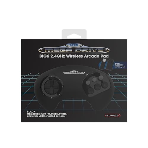 Retro-Bit BIG6 2.4 GHz SEGA Mega Drive Wireless Arcade Controller Pad for SEGA Mega Drive Original/Mini, Switch, PC & Mac - Black von retro-bit