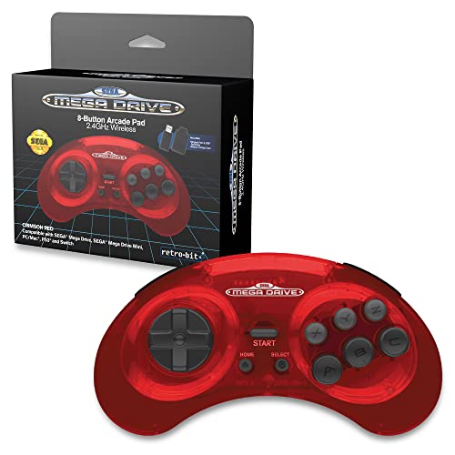 Retro-Bit Sega Mega Drive 2.4 GHz Wireless Controller 8-Button Arcade Pad for Sega Genesis Original/Mini, Switch, PC, Mac - Includes 2 Receivers & Storage Case (Crimson Red) (Nintendo Switch) von retro-bit