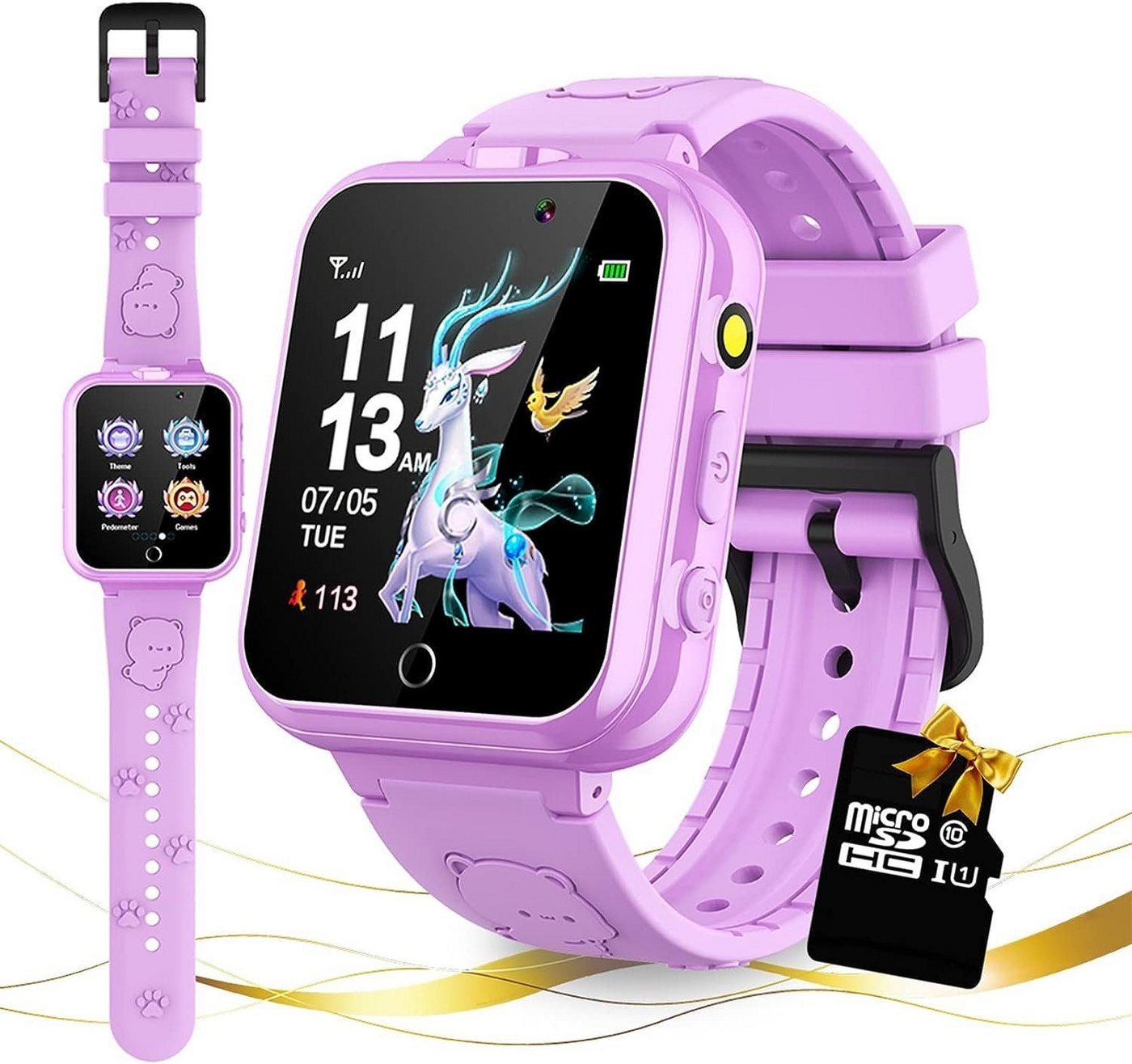 retysaz Smartwatch (1,54 Zoll), Smartwatch Kinder 24 Spiele Schrittzähler 2 HD-Kameras 3 bis 14 Jahren von retysaz