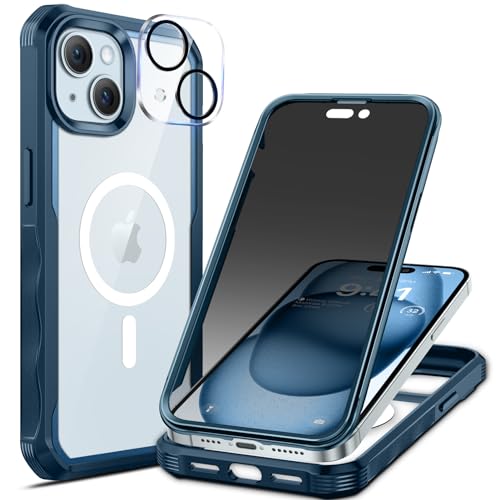 seacosmo Sichtschutz Hülle für iPhone 15 Plus [Kompatibel mit Magsafe], Anti-Spy Handyhülle 360 Grad Schutzhülle, Stoßfestes Case mit Privacy Panzerglas und Kamera Schutzfolie [9H HD]-Blau von seacosmo