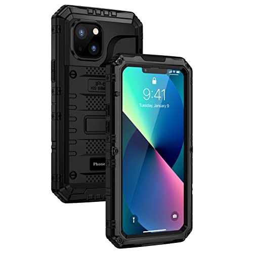 seacosmo iPhone 13 Wasserdicht Hülle, Militärstandard Schutzhülle mit Eingebautem Displayschutz Stoßfest Metall Handyhülle für iPhone 13, Schwarz von seacosmo