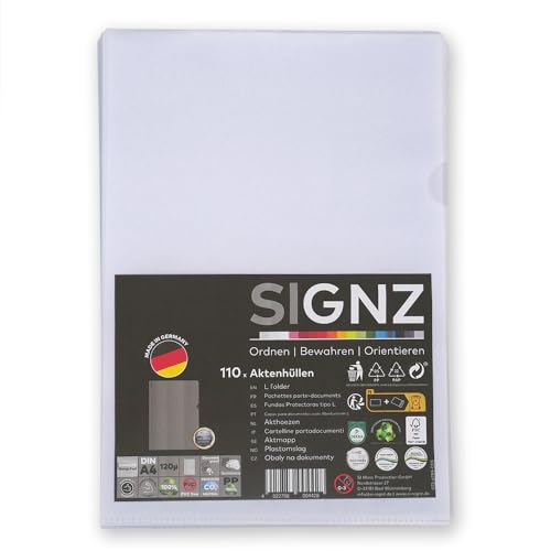 SIGNZ Aktenhüllen (DIN A4, extra starke 120 my), 110 Stück, genarbt, CO2-neutral hergestellt, made in Germany von signz