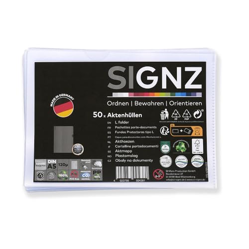 SIGNZ Aktenhüllen (DIN A5, extra starke 120 my), 50 Stück, genarbt, CO2-neutral hergestellt, made in Germany von signz