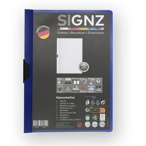 SIGNZ Klemmhefter DIN A4, 5 Stück, dunkelblau, Für bis zu 60 Blatt, CO2-neutral hergestellt, made in Germany von signz