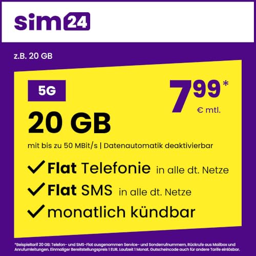 sim24 Handytarif z.B. Allnet Flat X GB – (Flat Internet 5G X GB, Flat Telefonie, Flat SMS und Flat EU-Ausland, X,XX Euro/Monat, monatlich kündbar) oder andere Tarife von sim24