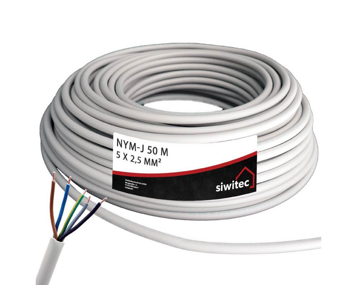 siwitec NYM-Kabel, 3x1,5, 3x2,5, 5x1,5, 5x2,5, 50m, 100m (2x50m Ring) Stromkabel, NYY-Kabel, (5000 cm), Universell einsetzbar, 5-adrig, Polyvinylchlorid, Made in Germany von siwitec