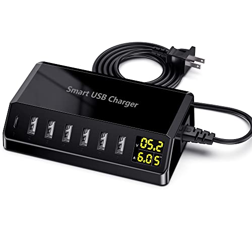 USB Ladestation, slitinto 7 Port Ladestation für mehrere Geräte, Desktop USB C Ladegerät mit LCD Display, Nachttisch USB Ladehub für slitinto iPhone 15 14 13/AirPod/iPad, Galaxie von slitinto