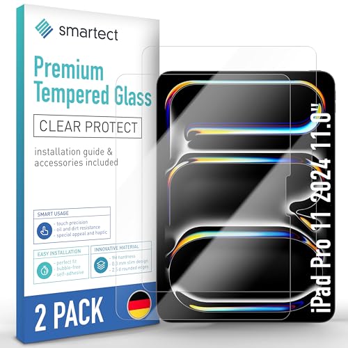 smartect Schutzglas [2 Stück, Klar] kompatibel mit iPad Pro 11 2024 11.0", HD Schutzfolie Anti-Kratzer, Blasenfrei, 9H Härte, 0.3 mm Ultra-klar, Ultrabeständig von smartect