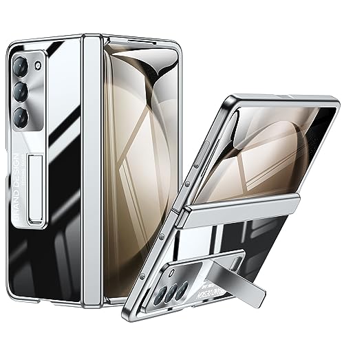 spoovcto für Samsung Galaxy Z Fold 5 Hülle: Federscharnier Schutz [Nicht gelb] Galvanisierungsrahmen für klare transparente Harte Rückseite für stilvolle Luxus-Abdeckung für Samsung Fold 5 (Silver) von spoovcto