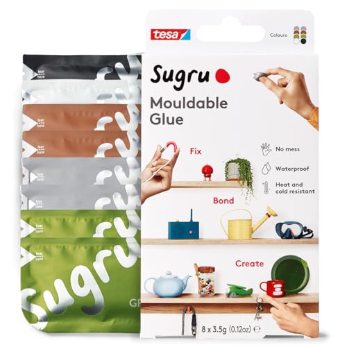 Sugru by tesa - Formbarer Allzweckkleber, 8er-Pack, 8 x 3,5 g, Schwarz, Weiß, Grün, Braun & Grau - vielseitige Klebeknete - zum Reparieren, Kleben und zum Befestigen ohne Bohren von tesa