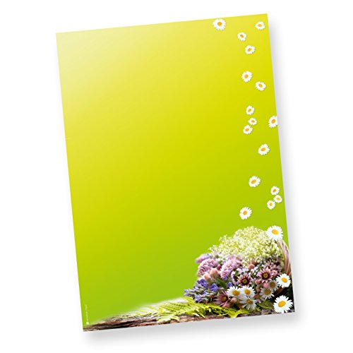 TATMOTIVE Briefpapier-Motiv Grüner Frühling mit Blumen DIN A4, 90 g Offsetpapier - 250 Blatt - grün von tatmotive