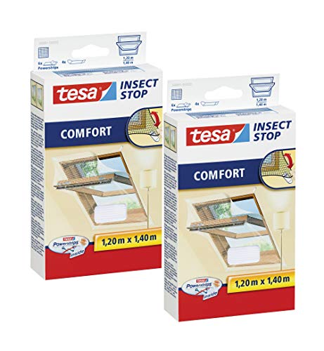 tesa Insect Stop COMFORT Fliegengitter Dachfenster - Insektenschutz mit Klettband selbstklebend (120 cm x 140 cm, 2er Pack/Weiß (Leichter Sichtschutz)) von tesa