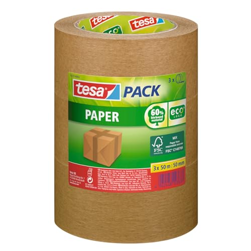 tesa tesapack Paper ecoLogo im 3er Pack - Umweltgerechtes Paketband aus Papier, 60% biobasiertes Material - Braun - 3 Rollen je 50 m x 50mm von tesa