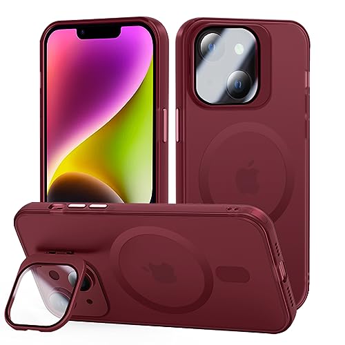 Tigratigro Case with Kickstand, Compatible Mag-Safe with iPhone 14, H9 Tempered Glass Camera Protection, Frosted Translucent Back Cover, Anti-Fingerprint, Velvet Touch(Dark Red) von tigratigro