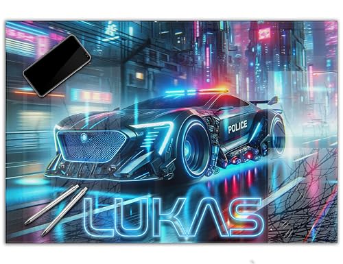 Gaming Schreibtischunterlage personalisiert mit Namen | wasserfeste Schreibunterlage, abwischbar, hochwertiges Acrylglas, Gamer Teenager Kunststoff | 60x40cm Polizeiauto von timalo