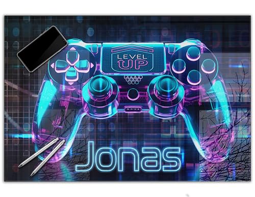 Gaming Schreibtischunterlage personalisiert mit Namen | wasserfeste Schreibunterlage, abwischbar, hochwertiges Acrylglas, Gamer Teenager Kunststoff | 80x60cm Neon Controller von timalo