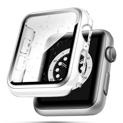 top4cus 42 mm Hülle kompatibel mit Apple Watch, mit integriertem Displayschutz aus gehärtetem Glas, PC-Abdeckung für iWatch Serie 8/7/SE 6 5 4/3 2 zur Auswahl (42 mm, weiß + silberner Rand) von top4cus