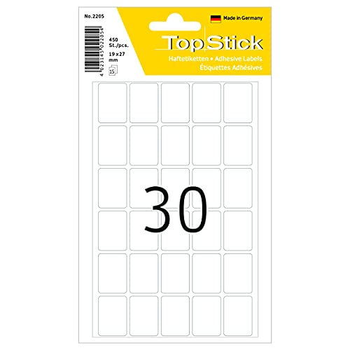 TopStick 2205 Vielzweck-Etiketten, 450 Stück, 19 x 27 mm, 30 pro Bogen, selbstklebend, Haushaltsetiketten zum Beschriften, matt, blanko Papier Klebeetiketten Aufkleber, weiß von TopStick