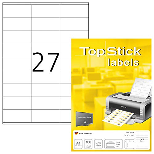 TopStick 8704 Universal Etiketten, 100 Blatt, 70 x 32 mm, 27 pro A4 Bogen, 2700 Stück, selbstklebend, bedruckbar, matt, blanko Papier Klebeetiketten Aufkleber, weiß von TopStick