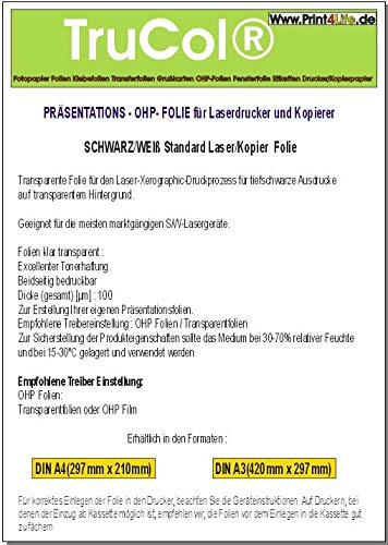 100 Blatt A4 Overheadfolie für s/w Laserdrucker und Kopierer (OHP Transparentfolie Transparentpapier) von trucol