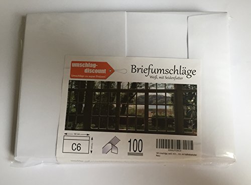 100 Umschläge, weiß, mit hellem Seidenfutter in C6 = 162 x 114 mm, mit Haftklebestreifen von umschlag-discount