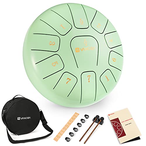 Vangoa Stahlzungentrommel Steel, Tongue Drum, 8 Zoll 11 Tone C-Dur Zungentrommel Schlagzeug Instrument für Meditation Yoga mit Schlegel Hinweis Aufkleber Finger Picks Mallet, Grün von vangoa