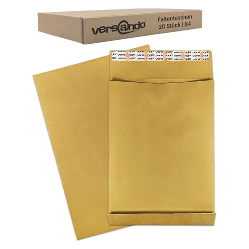 versando 20 x B4 Faltentaschen 4cm Falte ohne Fenster (250x353x40 mm) Versandtaschen Bodenfalte haftklebend braun von versando