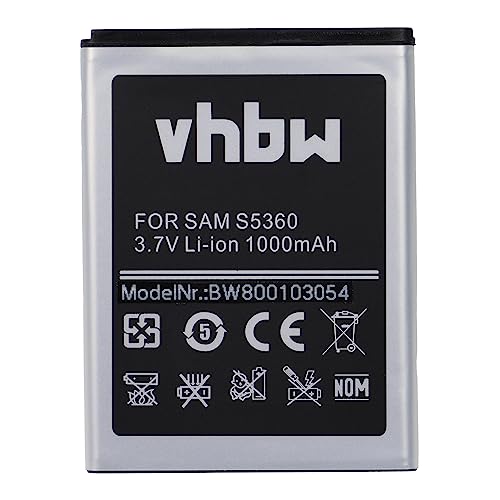 vhbw Akku kompatibel mit Samsung Wave GT-S5380, GT-S5380D, Y Handy Smartphone Telefon (1000mAh, 3,7V, Li-Ion) von vhbw