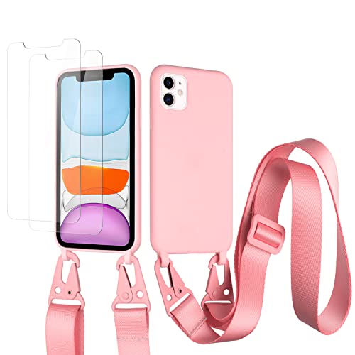 vrupin kompatibel mit iphone 12 Handykette Hülle,[2 Stück Schutzfolie 9H Härte Gehärtete Folie].Necklace Hülle Nylon Schultergurt Weich Flüssiges Silikon-dunkel pink von vrupin