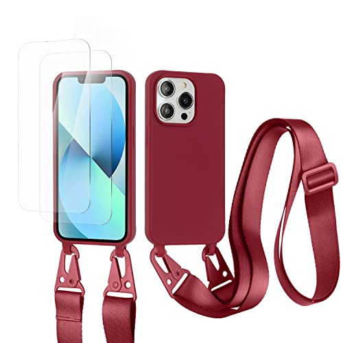 vrupin kompatibel mit iphone 13 Pro Handykette Hülle,[2 Stück Schutzfolie 9H Härte Gehärtete Folie].Necklace Hülle Nylon Schultergurt Weich Flüssiges Silikon-rot von vrupin