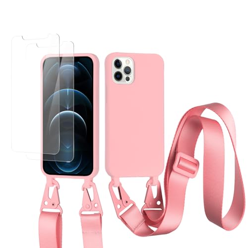 vrupin kompatibel mit iPhone 15 Handykette Hülle,[2 Stück Schutzfolie 9H Härte Gehärtete Folie].Necklace Hülle Nylon Schultergurt Weich Flüssiges Silikon-dunkel pink von vrupin