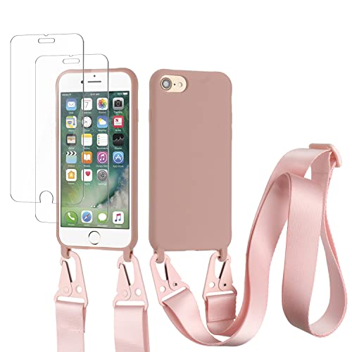 vrupin kompatibel mit iPhone 6/6S/7/8 Plus Handykette Hülle,[2 Stück Schutzfolie 9H Härte Gehärtete Folie].Necklace Hülle Nylon Schultergurt Weich Flüssiges Silikon-Lotus Farbe von vrupin