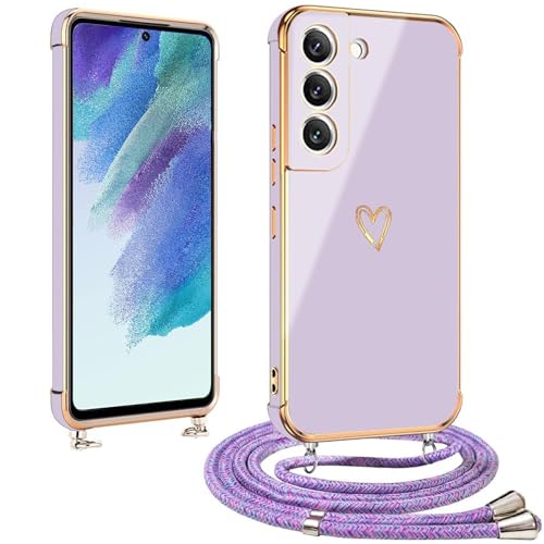 vumebao Handykette für Samsung S21 FE Hülle mit Band, Handyhülle Herz Love Design Silikon Bumper Kordel, TPU Dünn Stoßfeste Case Schutzhülle kompatibel mit S21 FE für Frauen und Mädchen, Lila von vumebao