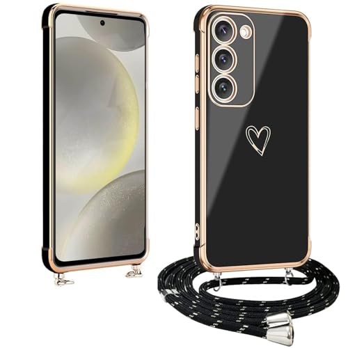 vumebao Handykette für Samsung S24 Hülle mit Band, Handyhülle Herz Love Design Silikon Bumper Kordel, TPU Dünn Stoßfeste Case Schutzhülle kompatibel mit S24 für Frauen und Mädchen, Schwarz von vumebao