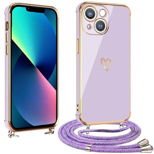 vumebao Handykette für iPhone 13 Hülle mit Band, Handyhülle Herz Love Design Silikon Bumper Kordel, TPU Dünn Stoßfeste Case Schutzhülle kompatibel mit iPhone 13 für Frauen und Mädchen, Lila von vumebao