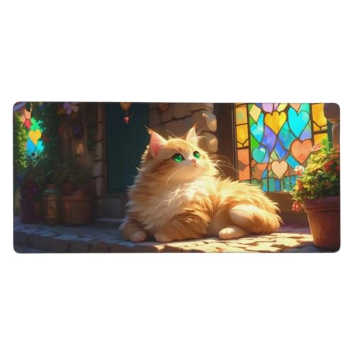 Gaming Mousepad XXL Gelb, Mauspad Katze Schreibtischunterlage 800x400x3mm Mauspad Gaming, rutschfeste Gummibasis, Nahtlose Kantenfür, für PC Laptop Verbessert Präzision und Geschwindigkei t-1794 von wcusmmog