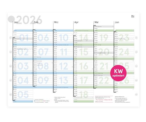 weekview Tafelkalender 2026 KW-optimiert A4 "farbig", Tafelplaner mit Ferien & Feiertagen, Jahreskalender, Wandkalender 2026 DIN A4 | 12 Monate mit klarer Kalenderwoche von weekview