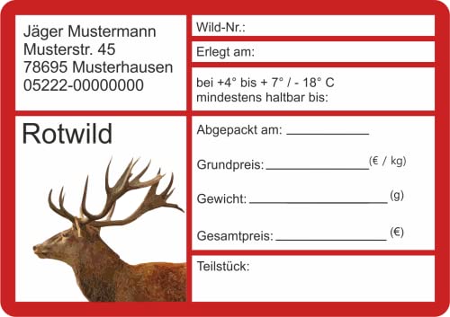 Wildbret Etiketten zur Kennzeichnung von Wildfleisch mit Adresse verschiedene Motive 9 x 6 cm (100 Stück, Rotwild) von wodtke-werbetechnik