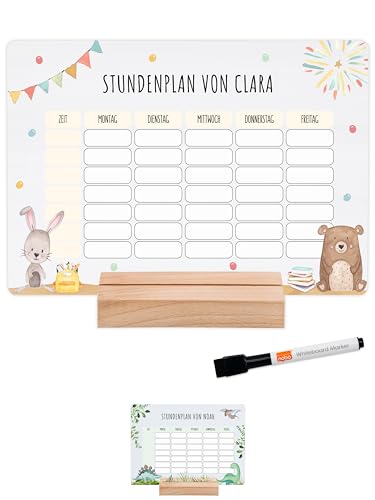 wunderwunsch® - Personalisierbarer & Abwaschbarer Stundenplan aus Acryl + Stift und Holzhalter - Einschulung Geschenk, für Schultüte zum Schulanfang oder Grundschule (Bär und Hase,ohne Holzhalter) von wunderwunsch