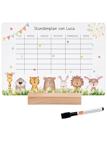 wunderwunsch® - Personalisierbarer & Abwaschbarer Stundenplan aus Acryl + Stift und Holzhalter - Einschulung Geschenk, für Schultüte zum Schulanfang oder Grundschule (Tiere Wiese,mit Holzhalter) von wunderwunsch