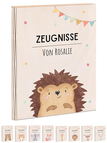 wunderwunsch® - Personalisierte Zeugnismappe aus Holz mit hochwertigem Spezial-Druck - Einschulung Geschenk - Zeugnismappe Jungen & Zeugnismappe Mädchen (Igel Girlande) von wunderwunsch