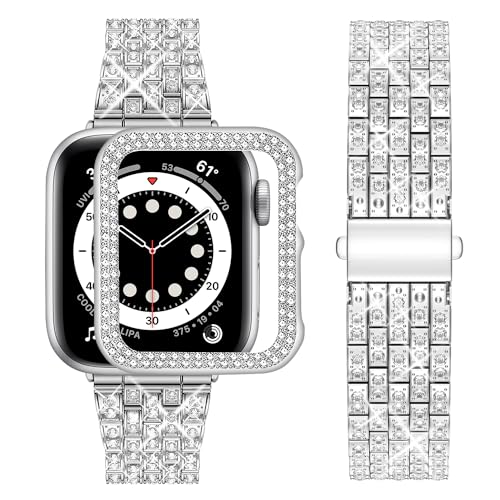 wutwuk Apple Watch 9 Armband 41mm Damen Kompatibel mit Armband Apple Watch 9 8 7 41mm Diamant Strassstein Harter PC Schutzrahmen Ultradünner Schutzhülle Frauen Silber von wutwuk
