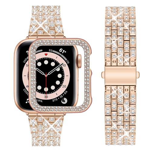 wutwuk Apple Watch Armband 44mm 45mm 41mm 40mm 38mm 42mm Damen Glitzer Kompatibel mit iWatch Series SE 9 8 7 6 5 4 3 2 1 Diamant Strassstein Harter PC Schutzrahmen Ultradünner Schutzhülle Roségold von wutwuk