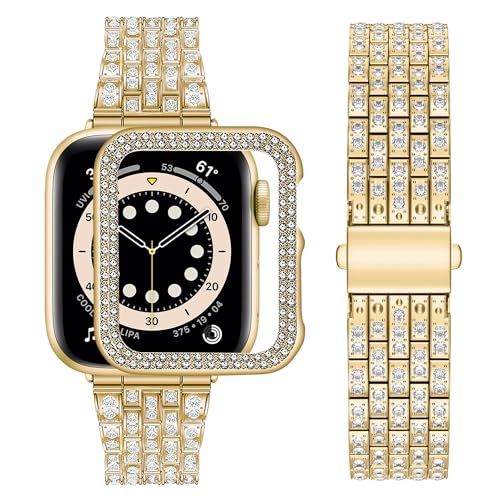 wutwuk Armband Kompatibel mit Apple Watch 10 42mm Gold Damen mit Diamant Strassstein Harter PC Schutzrahmen Kunststoffgehäuse Schutzhülle Frauen von wutwuk